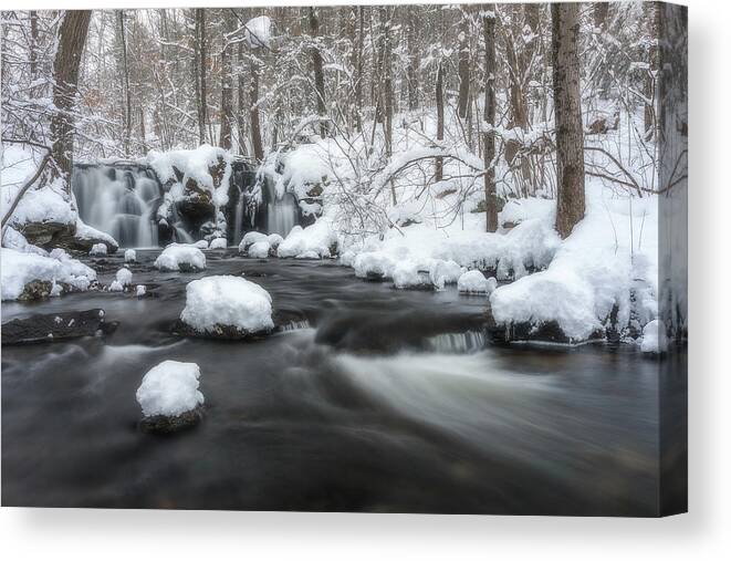 Rutland Ma Mass Massachusetts Waterfall Winter Snow Ice Water Falls Nature New England Newengland Outside Outdoors Natural Old Mill Site Woods Forest Secluded Hidden Secret Dreamy Long Exposure Brian Hale Brianhalephoto Snowing Peaceful Serene Serenity Canvas Print featuring the photograph The Secret Waterfall in Winter 2 by Brian Hale
