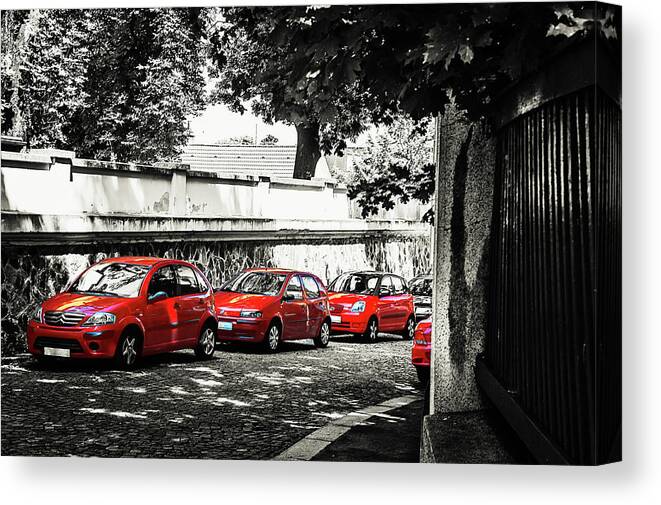 Jenny Rainbow Fine Art Photography Canvas Print featuring the photograph The Street of Red Cars by Jenny Rainbow