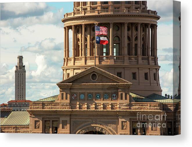 Texas Capitol Dome Canvas Print featuring the photograph The Texas Capitol Dome highlighting the the Six mosaic seals of by Dan Herron