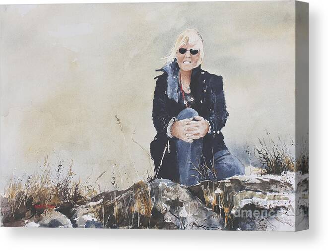 A Blond Lady In Dark Coat Sits On A Rock On A Windblown Hill In Bonavista Canvas Print featuring the painting The Traveler by Monte Toon