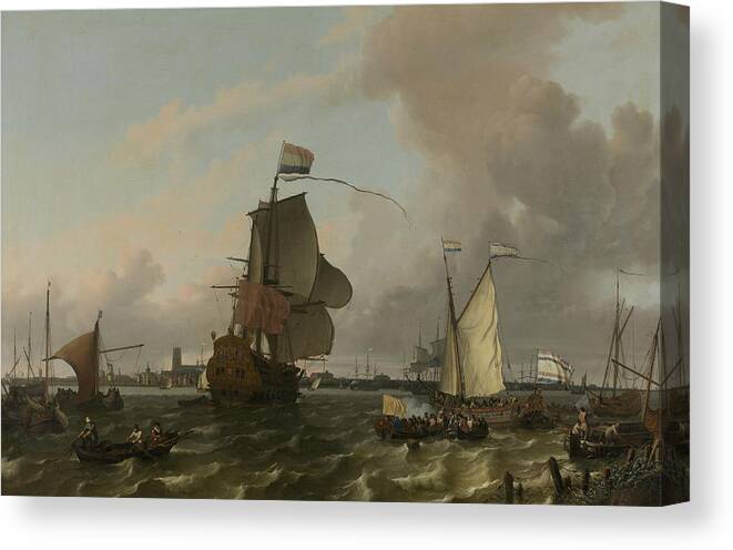 17th Century Art Canvas Print featuring the painting The Warship Brielle on the Maas for Rotterdam by Ludolf Bakhuizen