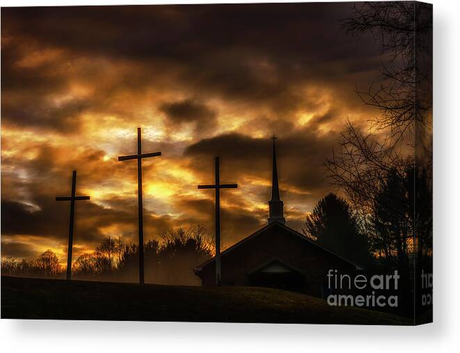 Cross Canvas Print featuring the photograph Three Crosses and Church by Thomas R Fletcher