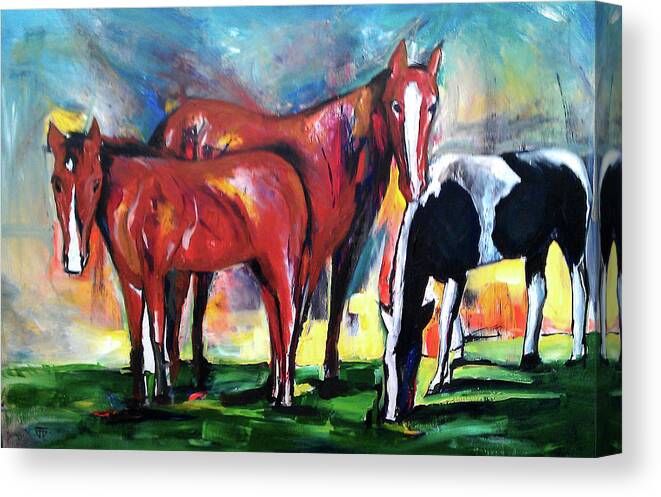 Horse Portraits Canvas Print featuring the painting Three Horses Sunny Day by John Gholson