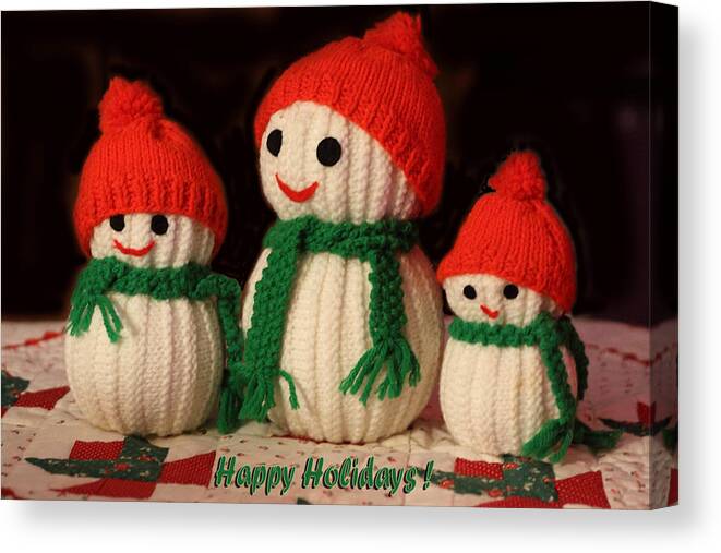 Holidays Canvas Print featuring the photograph Three Knit Christmas Snowmen by Linda Phelps