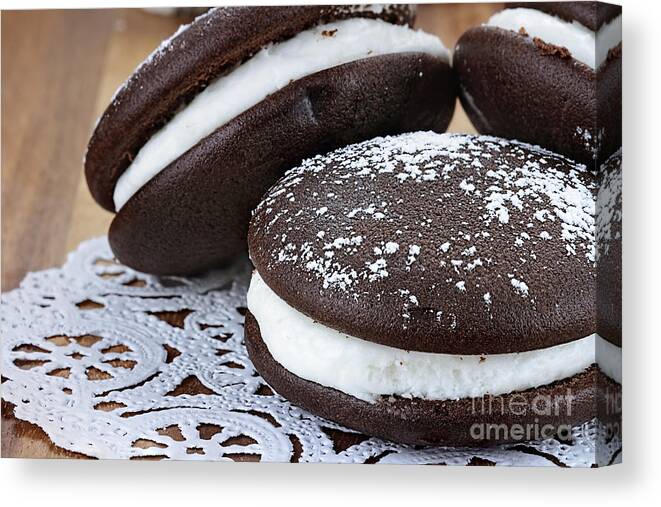 Whoopie Pies Canvas Print featuring the photograph Three Whoopie Pies or Moon Pies by Stephanie Frey