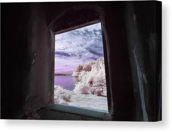 Old Stone Church West Boylston W W. Architecture Stonewall Outside Outdoors Sky Clouds Trees Bushes Brush Grass Geese Birds Newengland New England U.s.a. Usa Brian Hale Brianhalephoto Ir Infrared Infra Red Historic Window Water Canvas Print featuring the photograph Through the Infrared Window by Brian Hale