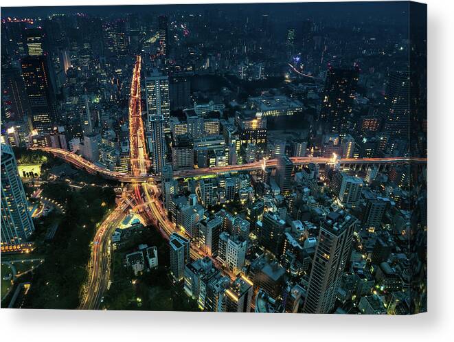 Modern Architecture Canvas Print featuring the photograph Tokyo night panorama by Ponte Ryuurui