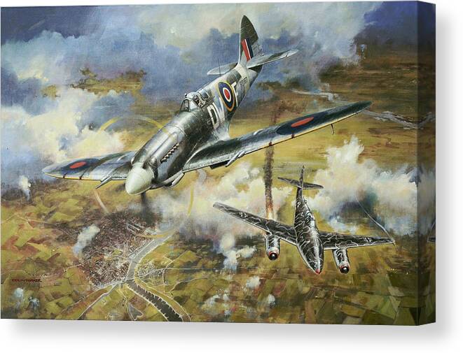 Spitfire. Tony Gaze. Me262. Spitfire Mk Xiv. Messerschmidt 262. Flying Mkxiv Spitfire Shot Down Me262 St Valentine’s Day 14th Feb 1945 Canvas Print featuring the painting Tony Gaze unsung hero by Colin Parker