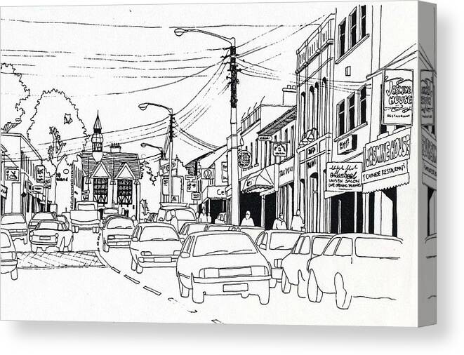  Canvas Print featuring the drawing Top of the Main St, Bray by Val Byrne