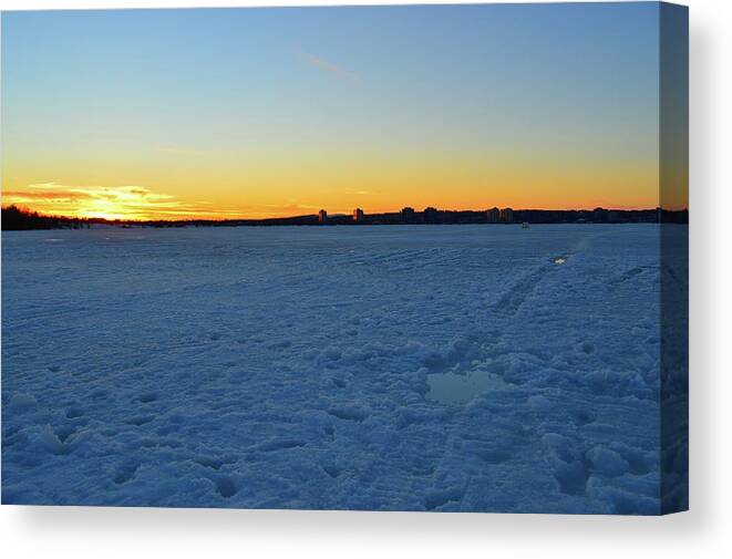 Abstract Canvas Print featuring the photograph Tracks In The Snow At Sunset by Lyle Crump