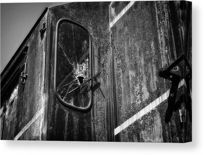 Trains Canvas Print featuring the mixed media Train Vandalized Black And White by Thomas Woolworth