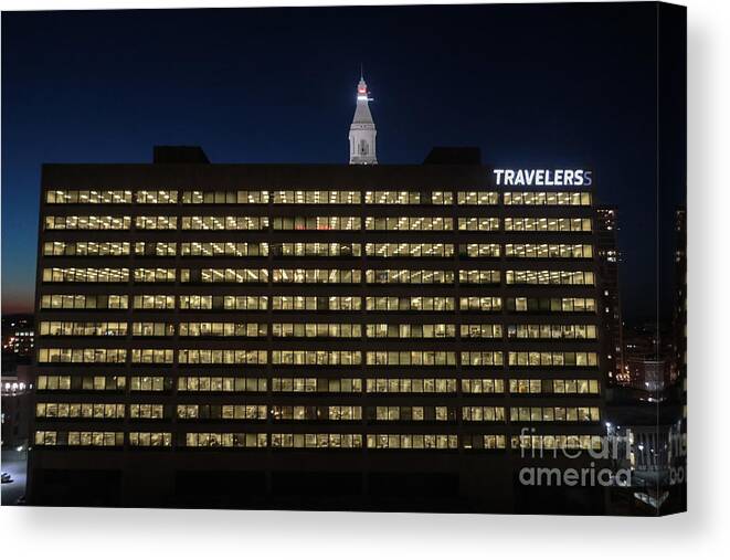 Architecture Canvas Print featuring the photograph Travelers Insurance Company at Night by Thomas Marchessault