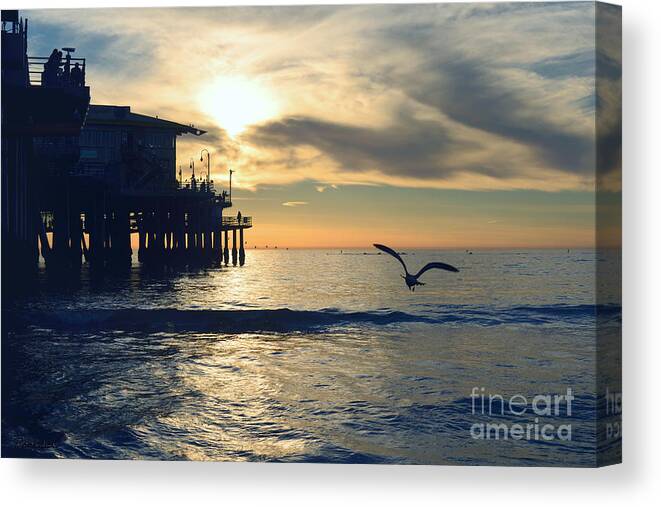 Seagull Canvas Print featuring the photograph Seagull Pier Sunrise Seascape C1 by Ricardos Creations
