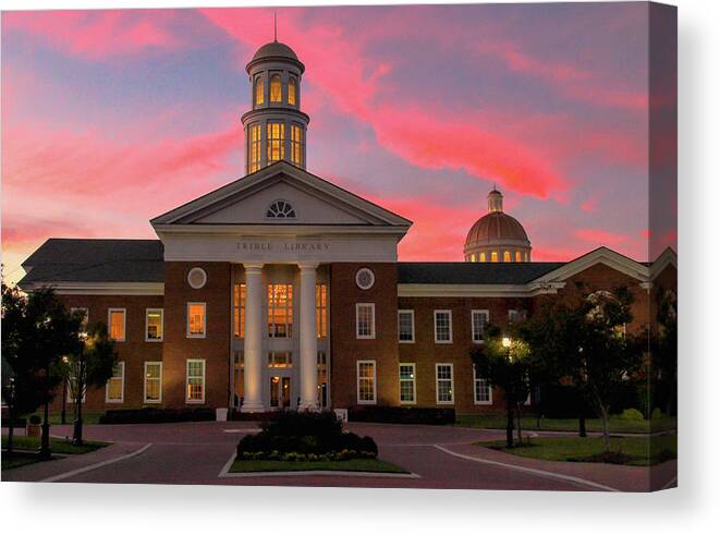 Triple Library Christopher Newport University Canvas Print featuring the photograph Trible Library Pastel Sunset by Ola Allen