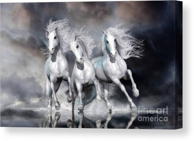 Galloping Horses Canvas Print featuring the digital art Trinity Galloping Horses Blue by Shanina Conway