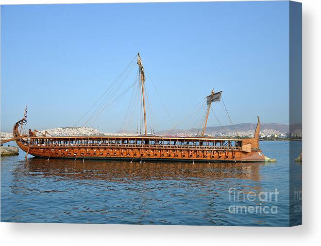 Ancient Canvas Print featuring the photograph Trireme Olympias moored by the stern by George Atsametakis