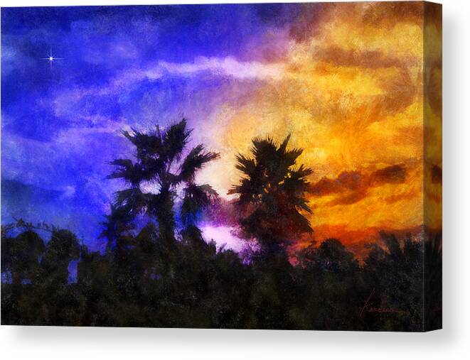 Tropic Tropical Landscape Night Sunset Twilight Evening Trees Palms Silhouette Sky Palms Clouds Trees Canvas Print featuring the digital art Tropical Night Fall by Frances Miller