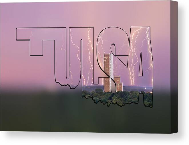 Oklahoma Canvas Print featuring the photograph Tulsa Oklahoma Typographic Blur - State Shapes Series - Electric Night - Cityplex Towers by Gregory Ballos