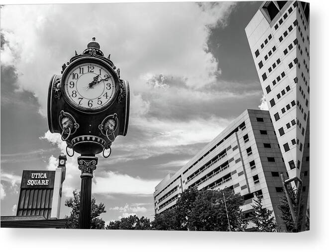 America Canvas Print featuring the photograph Tulsa Utica Square Vintage Clock and Buildings - Black and White by Gregory Ballos