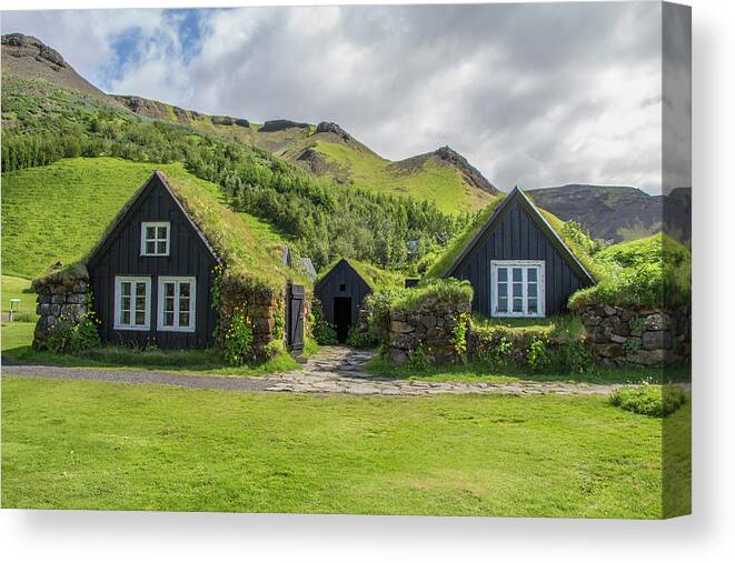 Iceland Canvas Print featuring the photograph Turf Roof Houses and Shed, Skogar, Iceland by Venetia Featherstone-Witty