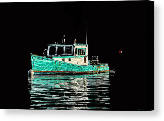 Turquoise Lobster Boat And Its Reflection Canvas Print featuring the photograph Turquoise Lobster Boat At Mooring by Marty Saccone