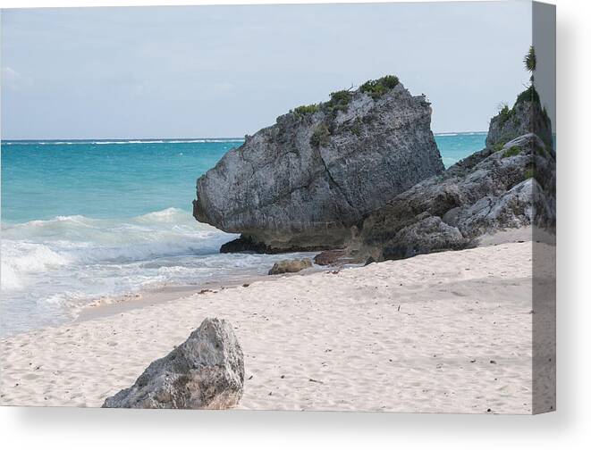 Mexico Quintana Roo Canvas Print featuring the digital art Turtles Beach at Tulum Ruins by Carol Ailles