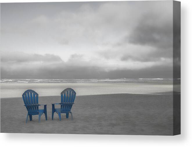 Cannon Beach Canvas Print featuring the photograph Two Blue Beach Chairs by Don Schwartz