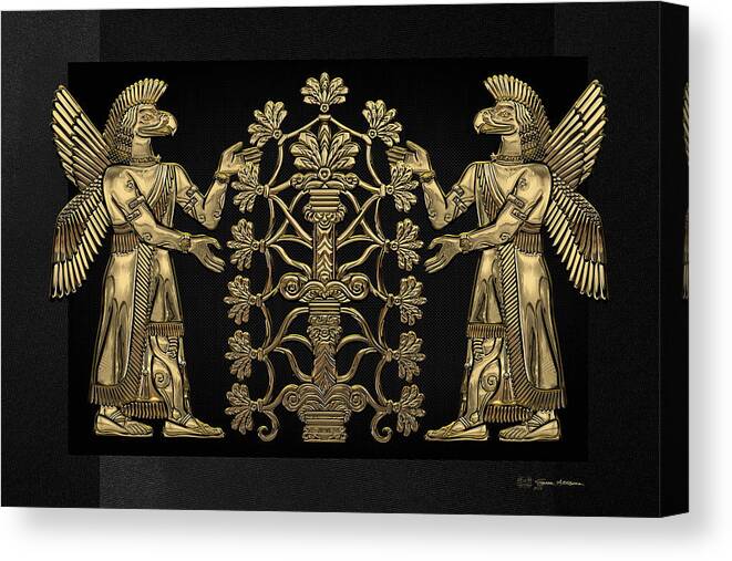 ‘treasures Of Mesopotamia’ Collection By Serge Averbukh Canvas Print featuring the digital art Two Instances of Gold God Ninurta with Tree of Life over Black Canvas by Serge Averbukh