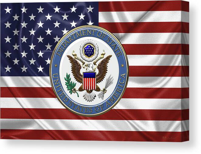 �insignia 3d� By Serge Averbukh Canvas Print featuring the digital art U. S. Department of State - Emblem over American Flag by Serge Averbukh