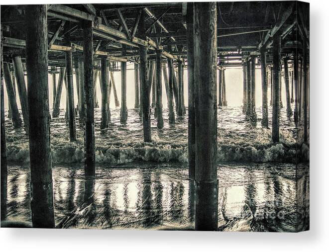 Under The Pier; Pylons; Waves; Ocean; Pacific Ocean; White; Silver; Water; Joe Lach; Beach; Sand; Light; Canvas Print featuring the photograph Under the Pier 5 by Joe Lach