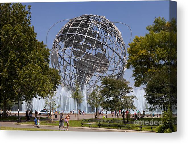 1964 1965 City Corona Day Daytime Earth Fair Flushing Fountain Globe Iconic Landmark Made Man Map Meadows Metal New Object Park Planet Queens Representation Science Sculpture Silver Spherical Stainless Steel Symbol Symbols Unisphere Water World Worlds York Canvas Print featuring the photograph Unisphere in Fushing Meadows Corona Park by Anthony Totah