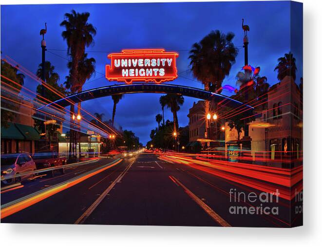 University Heights Canvas Print featuring the photograph University Heights Neon Sign with Traffic Light Trails by Sam Antonio