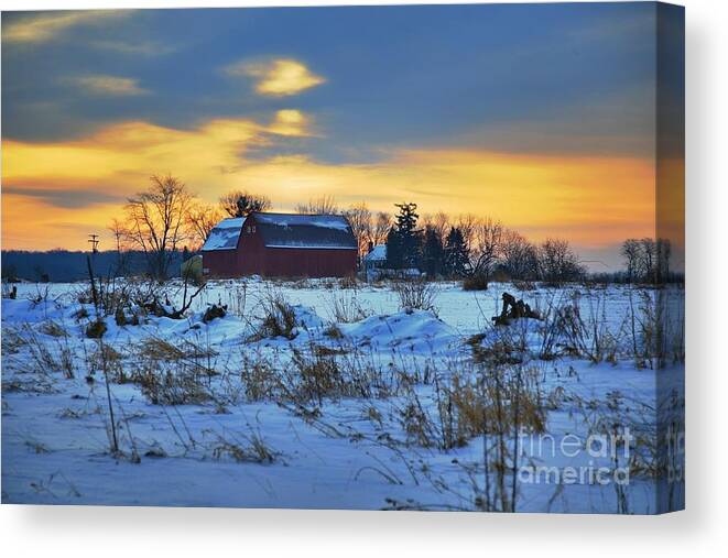 Michigan Farm Winter Cold Morning Related Tags: Barns Artwork Canvas Print featuring the photograph Until Spring by Robert Pearson