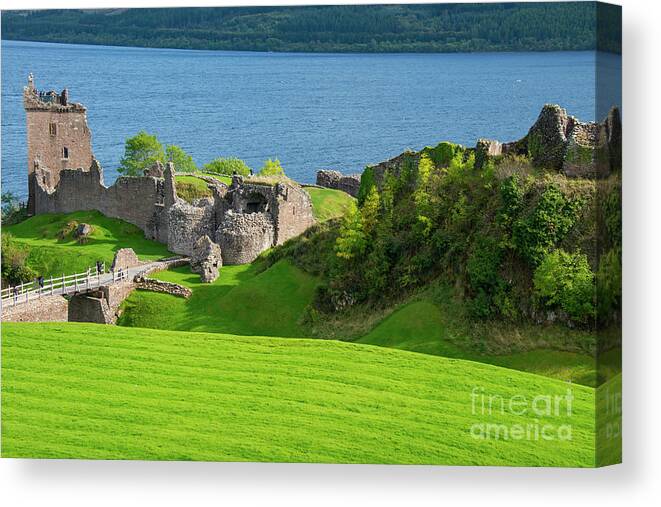 Urquhart Castle Canvas Print featuring the photograph Urquhart Castle on Loch Ness by Bob Phillips