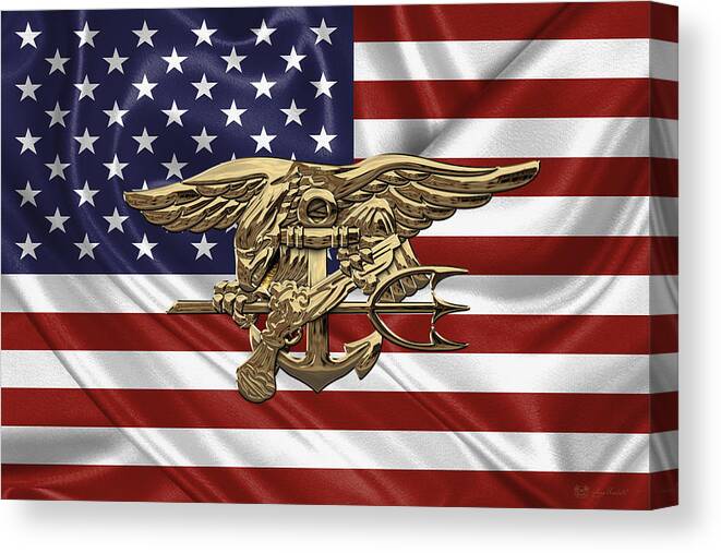 'military Insignia & Heraldry - Nswc' Collection By Serge Averbukh Canvas Print featuring the digital art U.S. Navy SEALs Trident over U.S. Flag by Serge Averbukh
