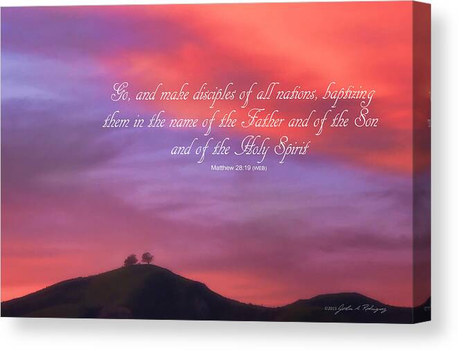 Two Trees Canvas Print featuring the photograph Ventura CA Two Trees at Sunset with Bible Verse by John A Rodriguez