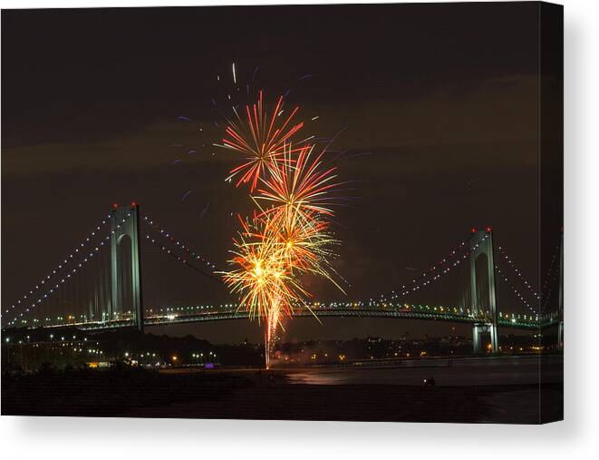 Fireworks Over The Verrazzano Narrows Bridge At 50 Years Old Canvas Print featuring the photograph Verrazano Narrows Bridge at 50 Years Old by Kenneth Cole