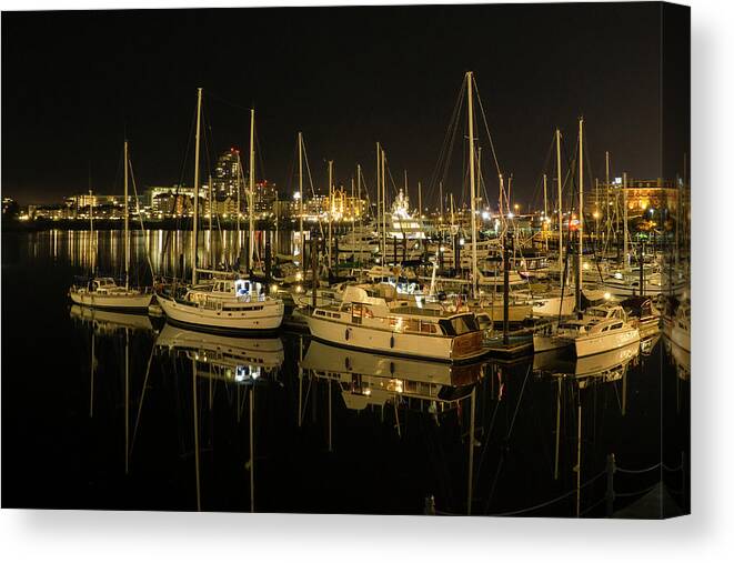 Victoria Inner Harbour Canvas Print featuring the photograph Victoria Harbour at Night by Inge Riis McDonald