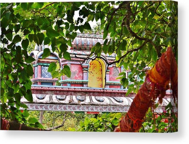 Mulberry Tree Canvas Print featuring the photograph Village Gate Through Shankara's Mulberry Tree - Joshi Math India by Kim Bemis
