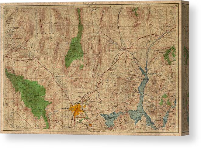 Vintage Canvas Print featuring the mixed media Vintage Map of Las Vegas Nevada 1969 Aerial View Topography on Distressed Worn Canvas by Design Turnpike