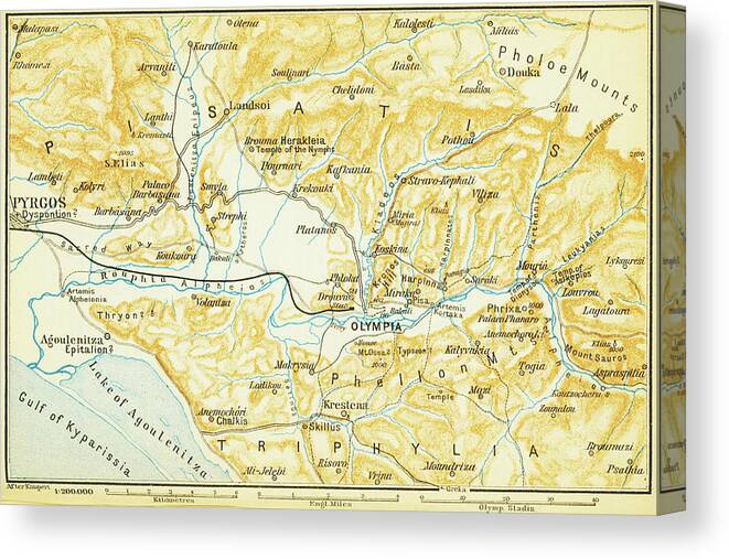 Olympia Canvas Print featuring the drawing Vintage Map of Olympia Greece - 1894 by CartographyAssociates
