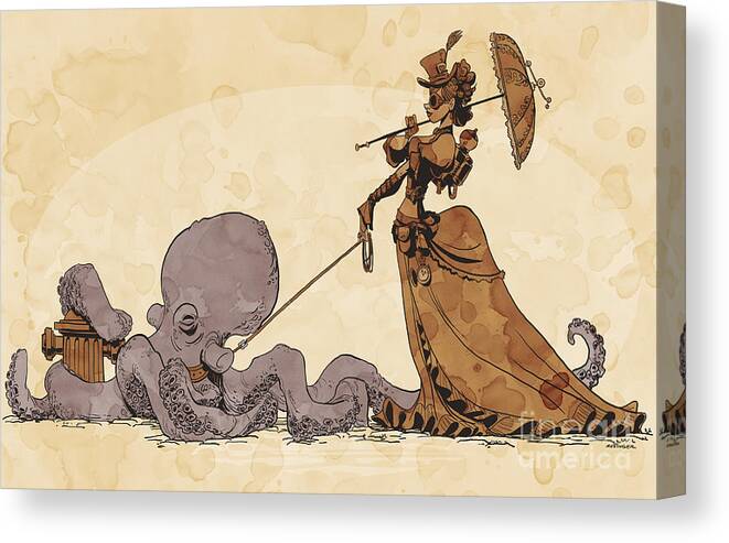 Steampunk Pets Octopus Canvas Print featuring the digital art Walkies for Otto by Brian Kesinger