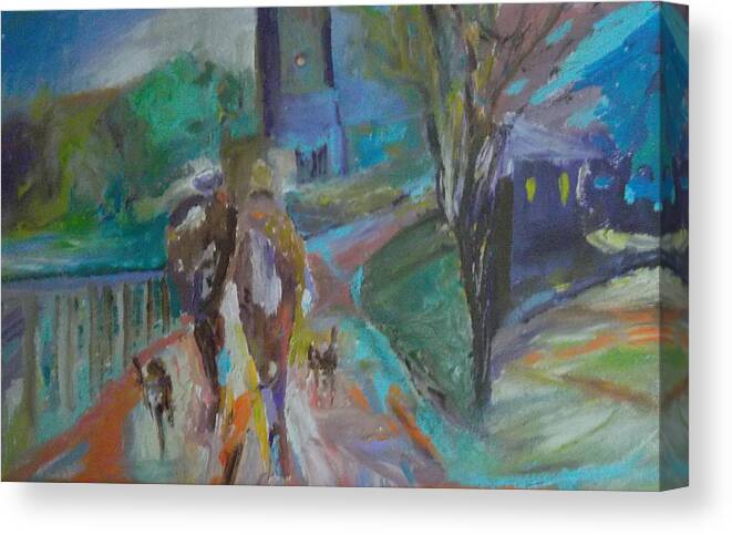 Cityscape Canvas Print featuring the painting Walkin the Dogs by Susan Esbensen
