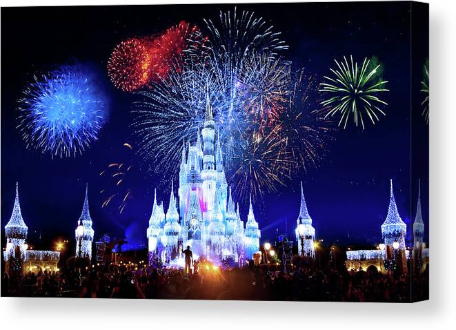 Magic Kingdom Canvas Print featuring the photograph Walt Disney World Fireworks by Mark Andrew Thomas