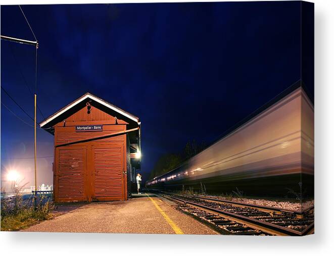 Darin Volpe Railroad Canvas Print featuring the photograph Watching the Night Train - Montpelier Junction Vermont by Darin Volpe