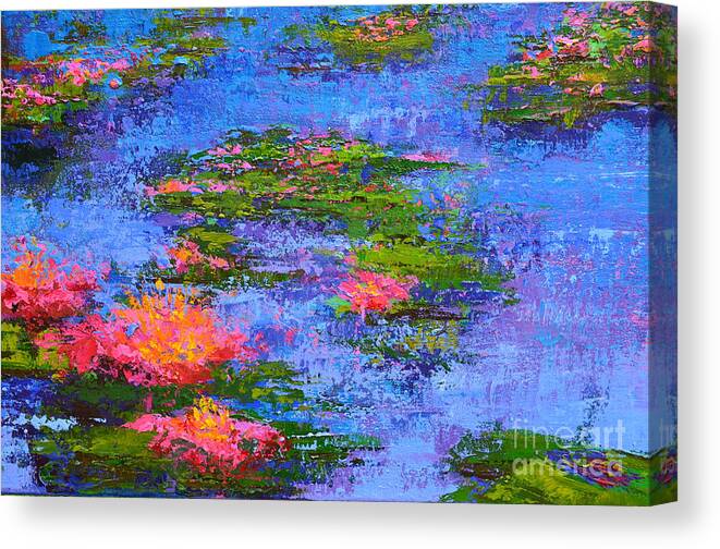 Water Lilies Acrylic Painting Inspired By Claude Monet Water Lilies Canvas Print featuring the painting Waterlilies Lily Pads - Modern Impressionist Landscape Palette Knife work by Patricia Awapara