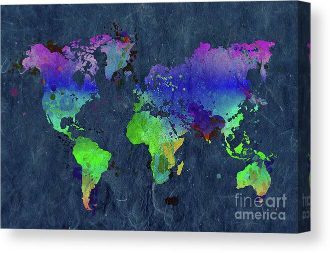 World Canvas Print featuring the painting Watercolor world map blue by Delphimages Map Creations