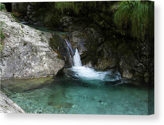 River Canvas Print featuring the photograph Waterfall, blue water by Nicola Aristolao