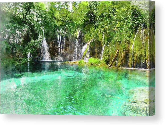 Green Canvas Print featuring the photograph Waterfalls at Plitvice National Park in Croatia by Brandon Bourdages