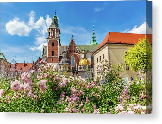 Cracow Canvas Print featuring the photograph Wawel Cathedral, Cracow, Poland. View from courtyard with flowers. by Michal Bednarek